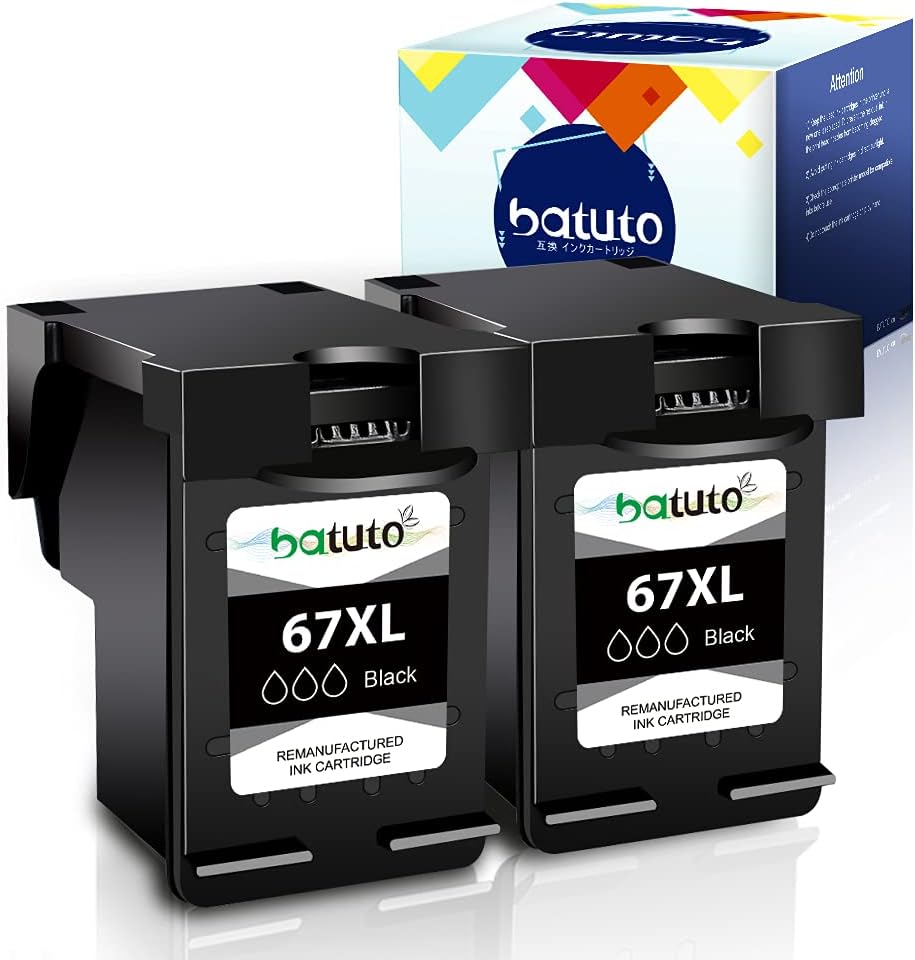batuto Remanufactured hp 67 Ink cartridges Black/Color Combo Pack for DeskJet 2700 2755 2755e Envy 6000 6400 6455 6458e 6055e DeskJet Plus 4100 4155e with 67xl hp Printer Ink (2 Black Pack) - Image 1